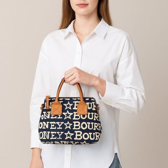 Dooney & Bourke Handbags - Authentic Vintage Dooney & Bourke logo Blue White Shoulder Bag Brown Leather